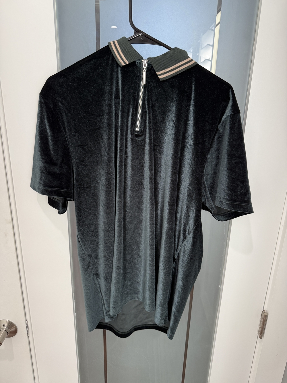 Men's Dark Green Velour Polo with Zip Collar- Size L
